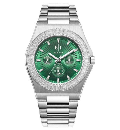 Diamond Baguette - Bay Ice Skylight Watch in Silver and Green Dial