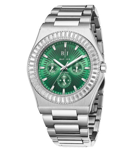 Diamond Baguette - Bay Ice Skylight Watch in Silver and Green Dial