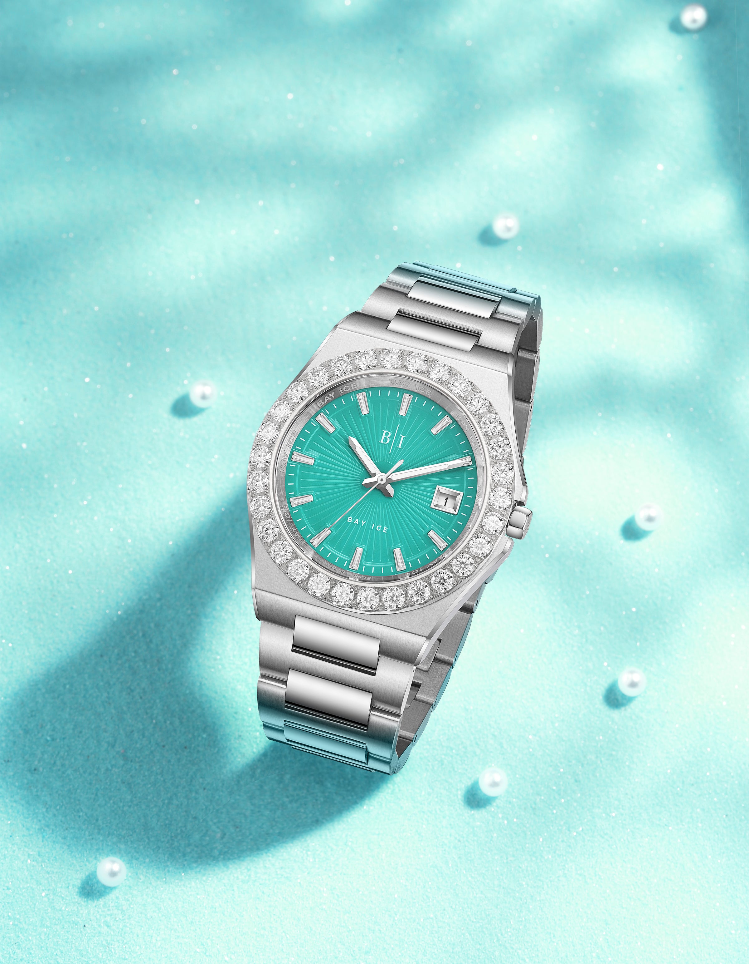 Diamond Bezel - Bay Ice 36mm Fusion Watch in Silver and Turquoise Dial