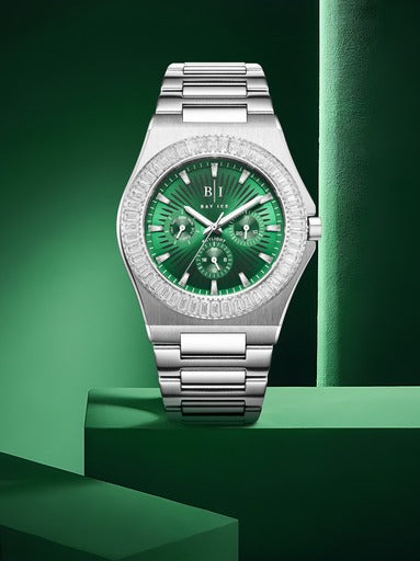 Diamond Baguette - Bay Ice Skylight Watch in Silver and Green Dial