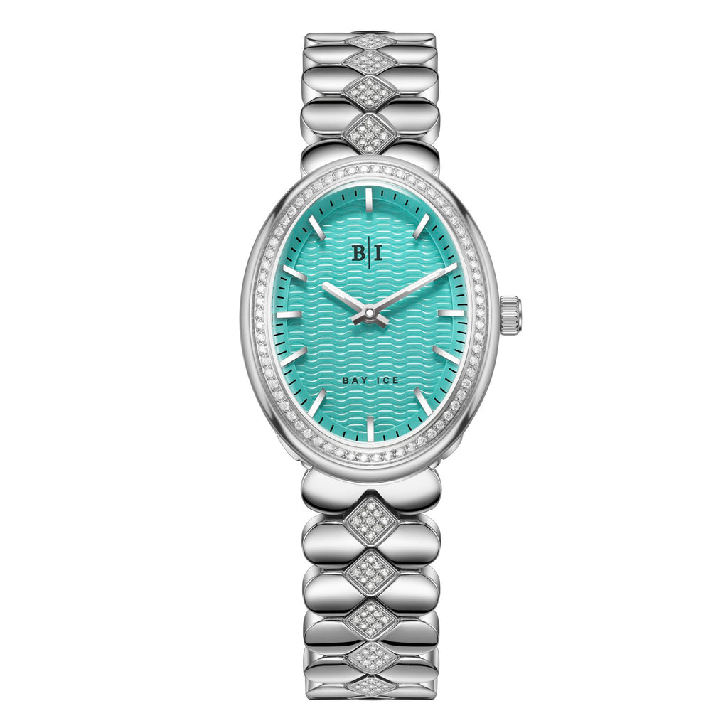 Bay Ice Halo - 26mm Diamond Bezel Mid Link Silver and Turquoise Blue Dial
