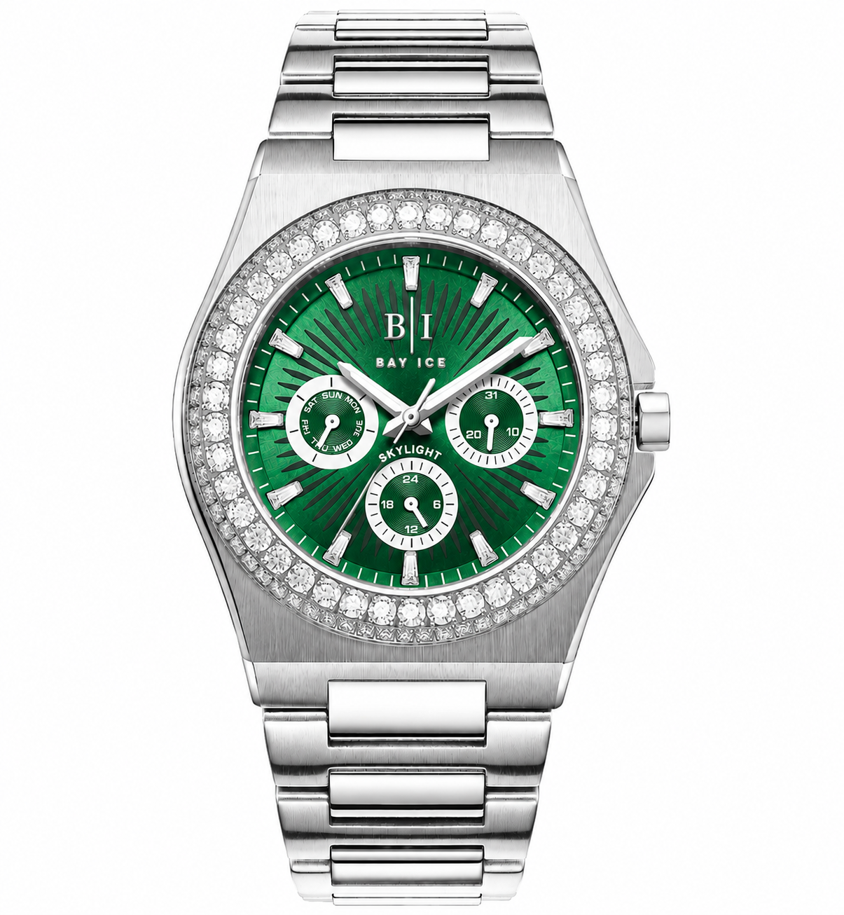 Diamond Bezel - Bay Ice Skylight Watch in Silver and Green Dial