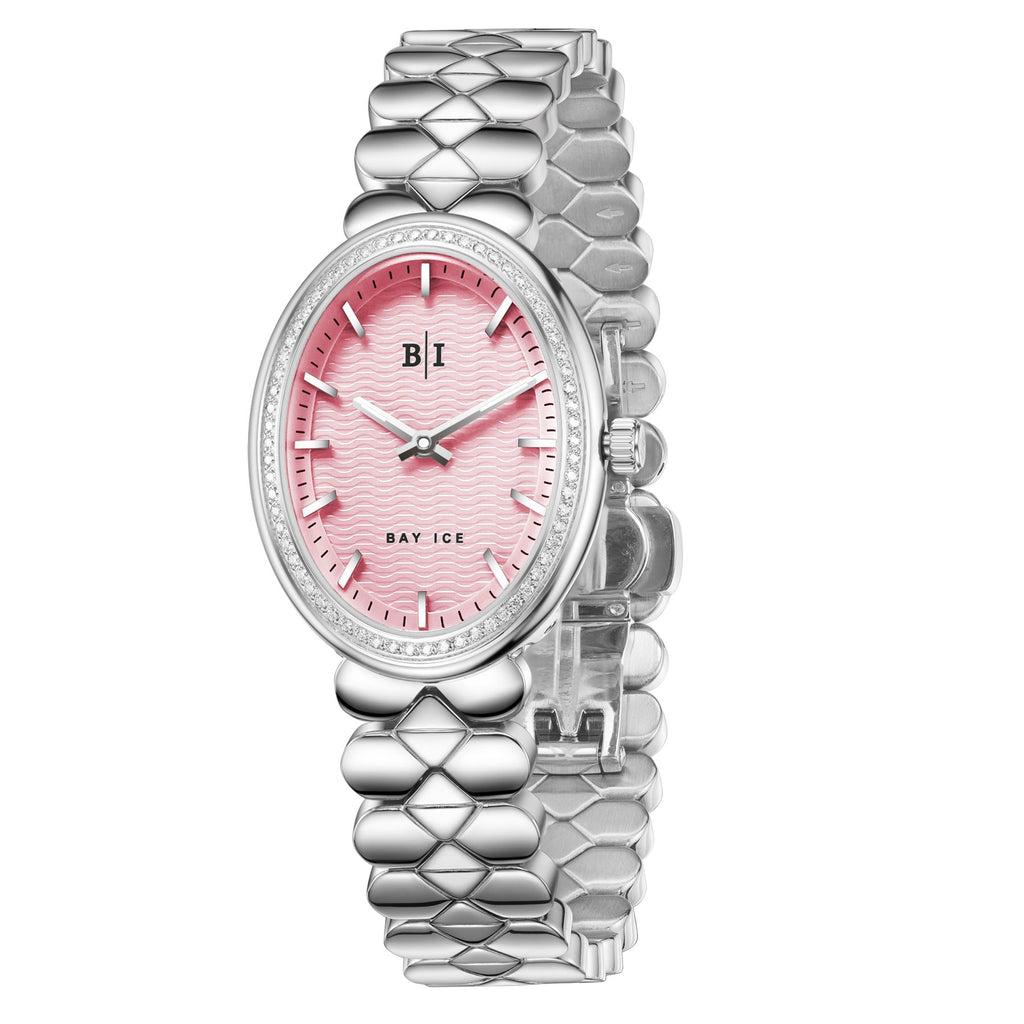 Bay Ice Halo - 26mm 0.3ct VVS Natural Diamond Bezel Silver and Pink Dial
