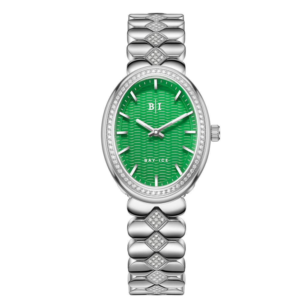Bay Ice Halo - 26mm Diamond Bezel Mid Link Silver and Green Dial