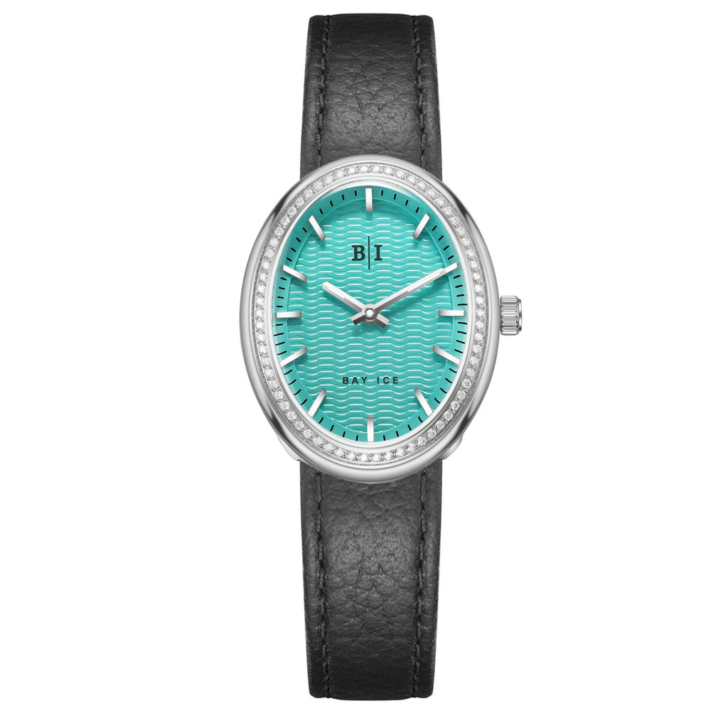 Bay Ice Halo - 26mm 0.3ct VVS Natural Diamond Bezel Silver and Turquoise Blue Dial