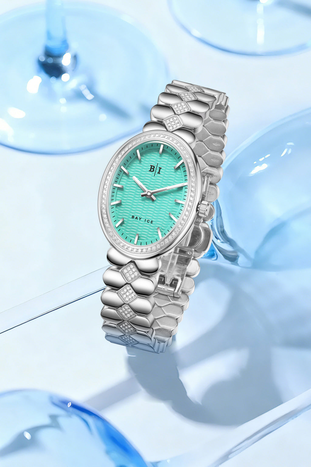 Bay Ice Halo - 26mm Diamond Bezel Mid Link Silver and Turquoise Blue Dial