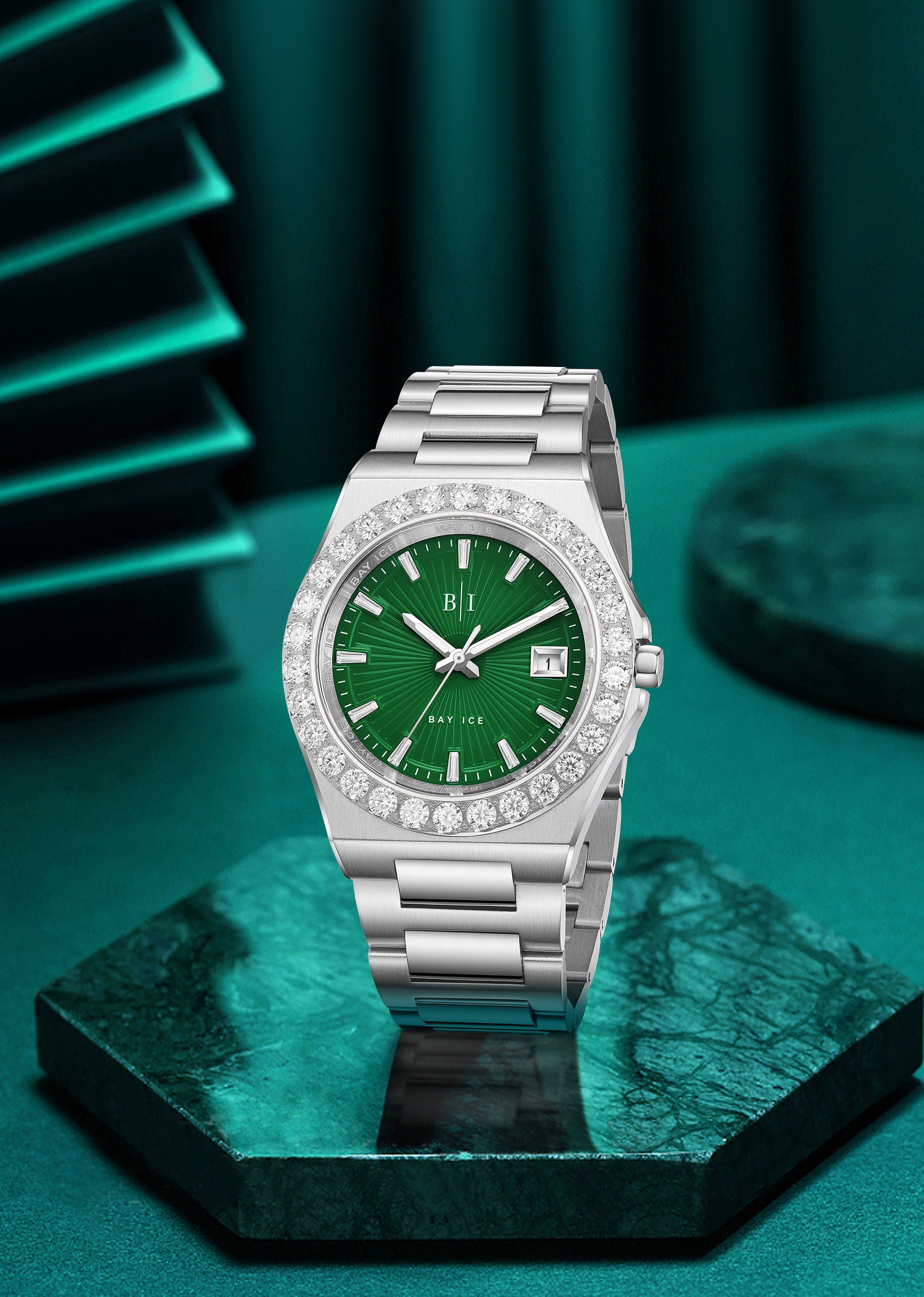 Diamond Bezel - Bay Ice 36mm Fusion Watch in Silver and Green Dial