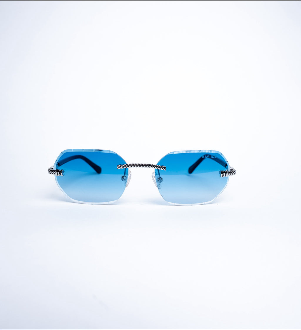 Diamond Cut Rimless Glasses - Silver and Blue Lens