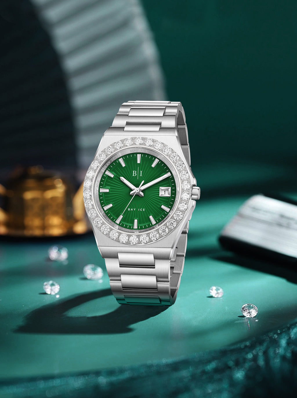 Diamond Bezel - Bay Ice 36mm Fusion Watch in Silver and Green Dial