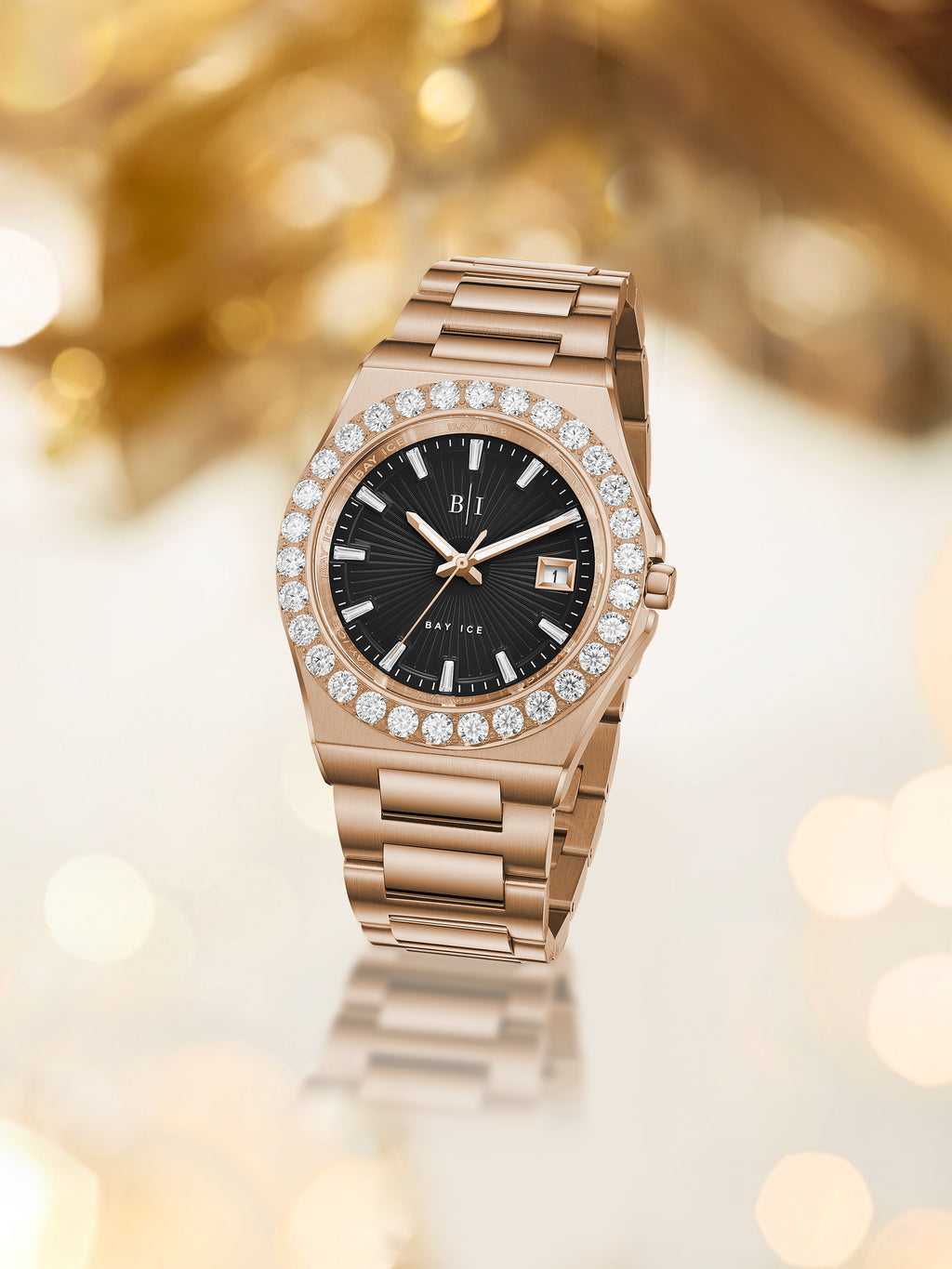 Diamond Bezel - Bay Ice 36mm Fusion Watch in Rose Gold and Black Dial