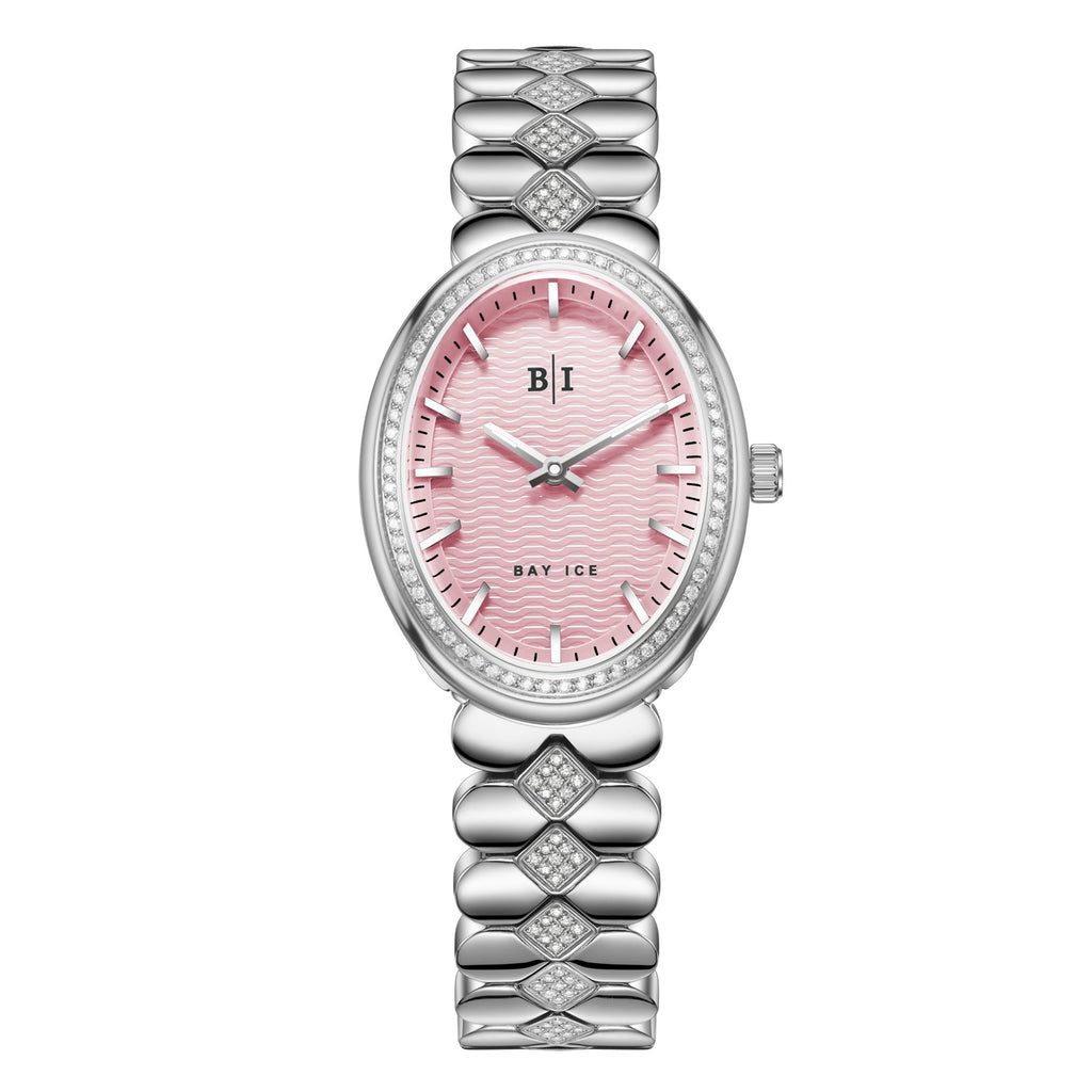 Bay Ice Halo - 26mm Diamond Bezel Mid Link Silver and Pink Dial