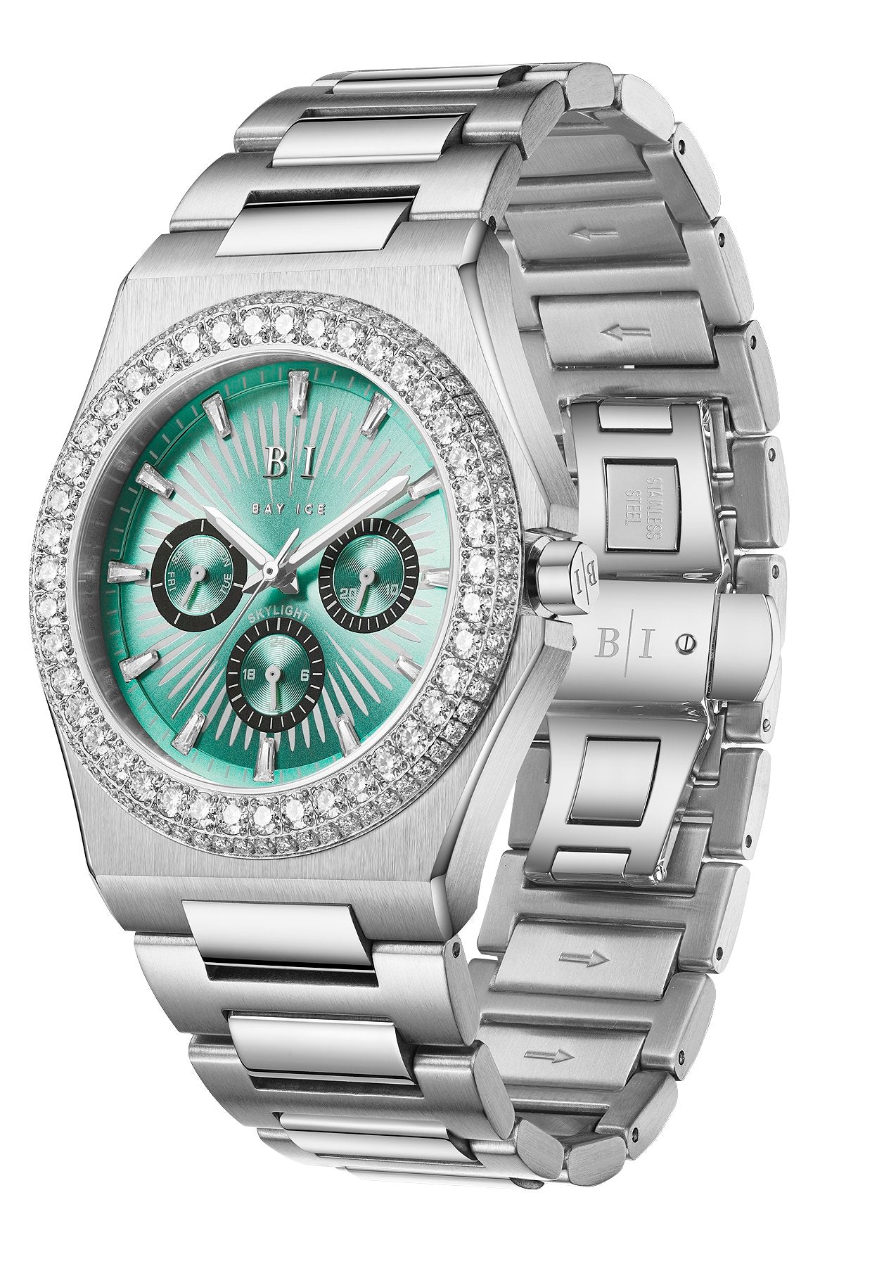 Diamond Bezel - Bay Ice Skylight Watch in Silver and Turquoise Blue Dial