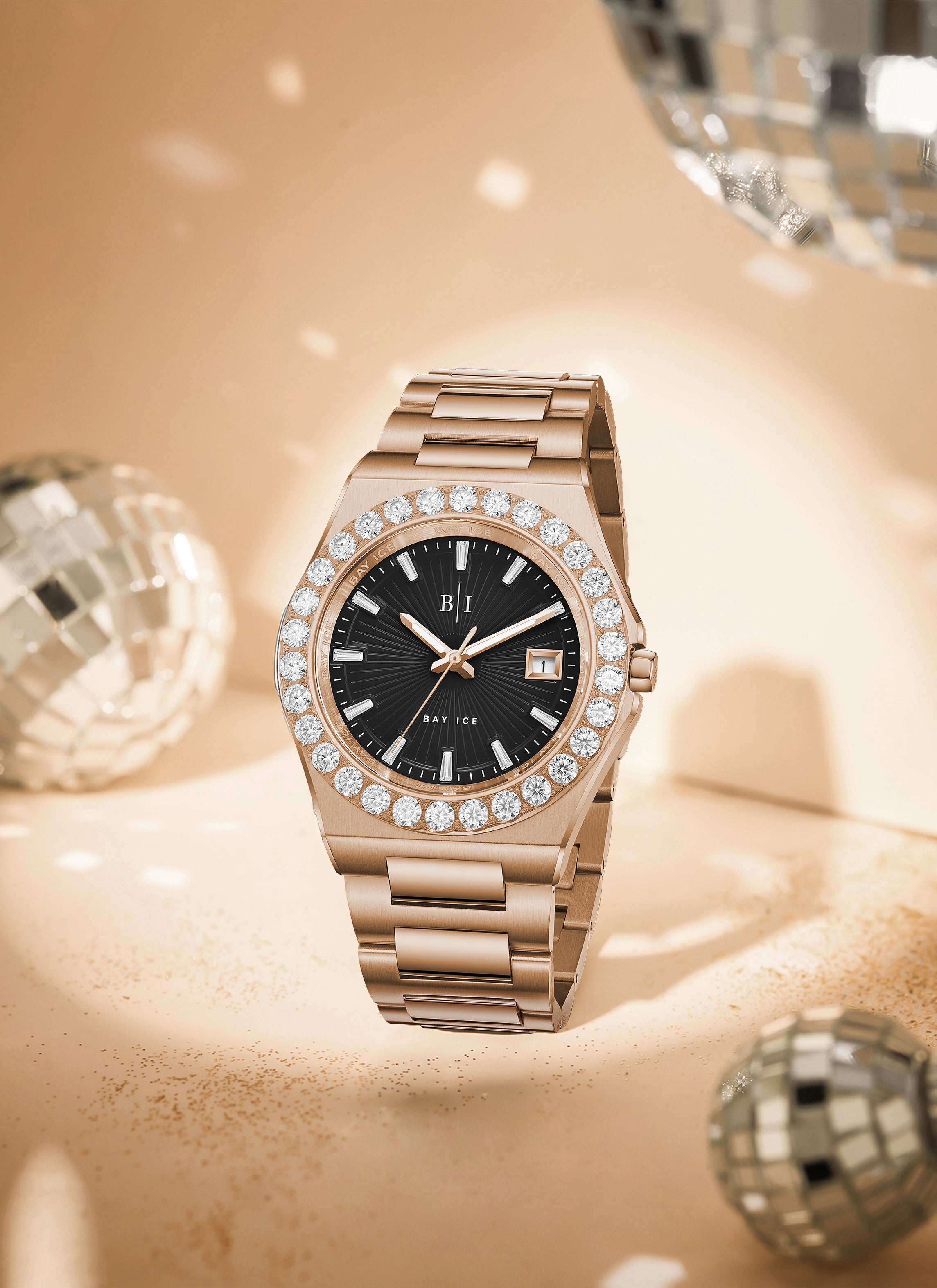 Diamond Bezel - Bay Ice 36mm Fusion Watch in Rose Gold and Black Dial