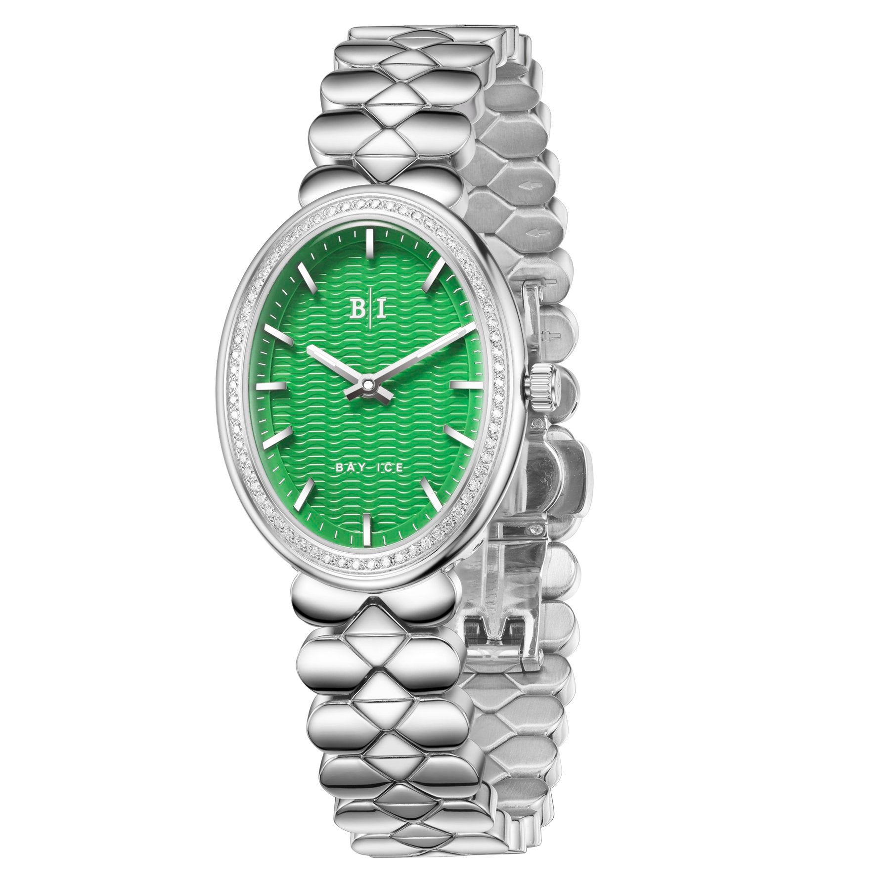 Bay Ice Halo - 26mm 0.3ct VVS Natural Diamonds Bezel Silver and Green Dial