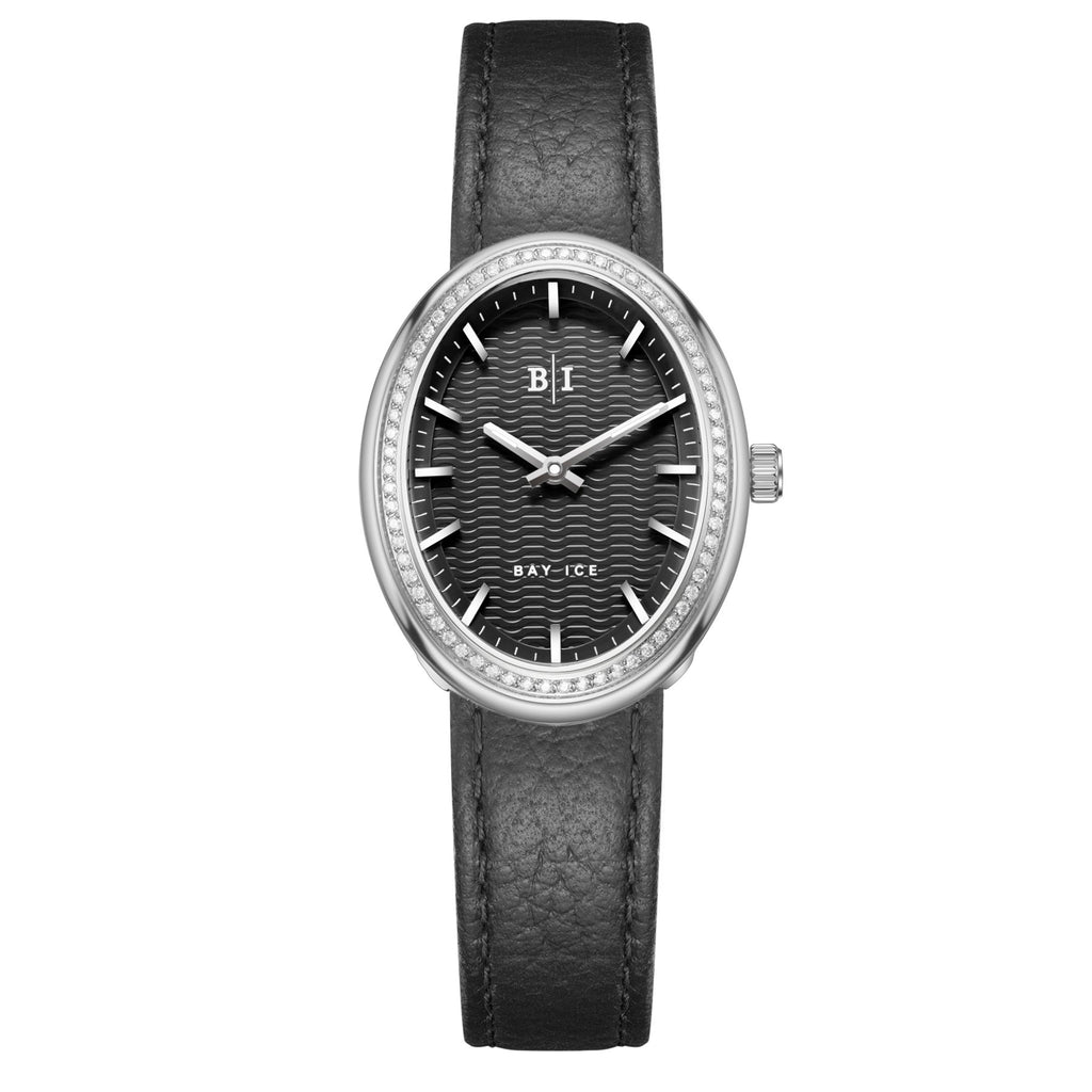Bay Ice Halo - 26mm 0.3ct VVS Natural Diamonds Bezel Silver and Black Dial