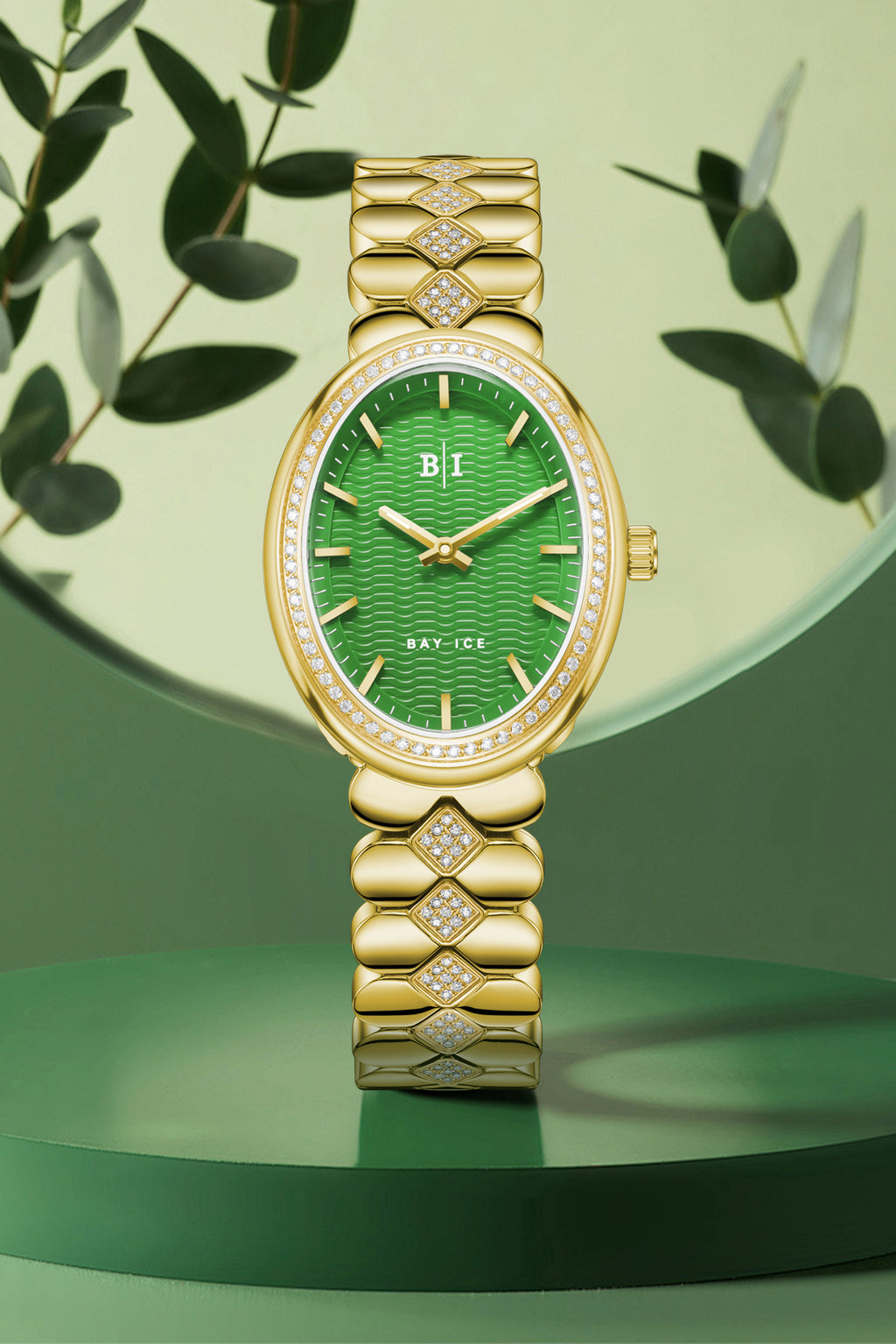 Bay Ice Halo - 26mm Diamond Bezel Mid Link Gold and Green Dial