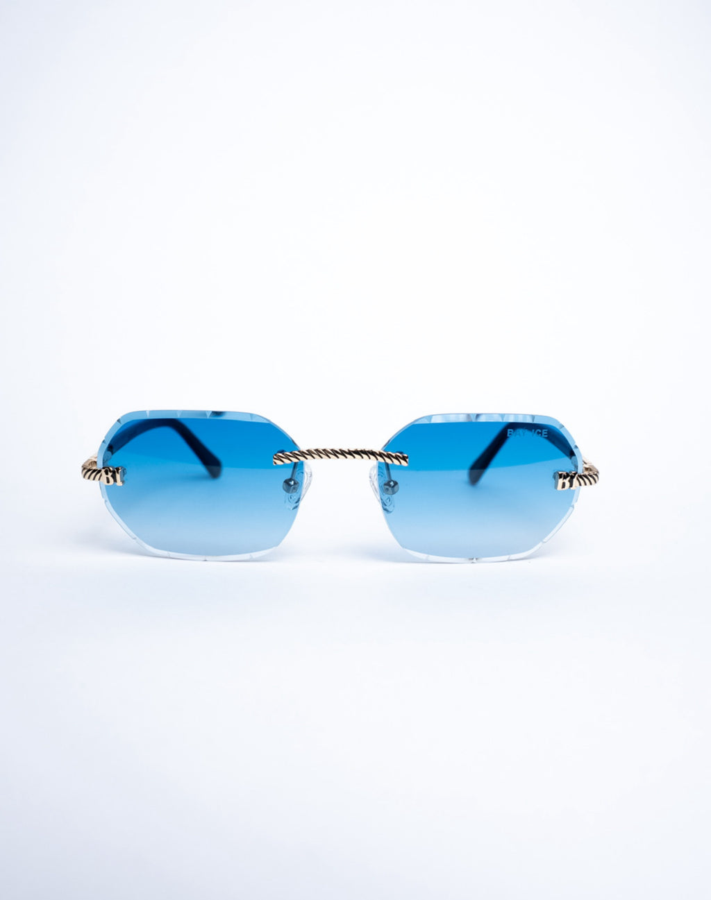 Diamond Cut Rimless Glasses - Gold and Blue Lens