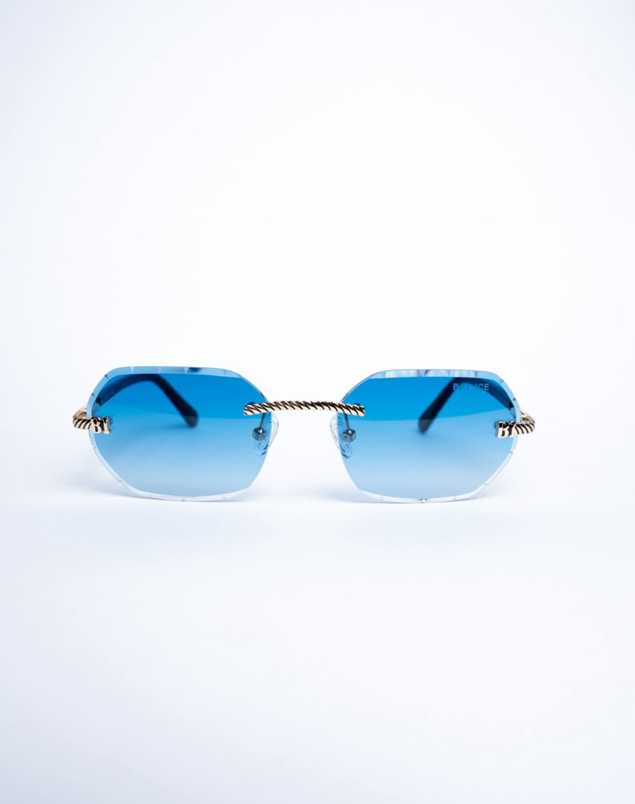 Diamond Cut Rimless Glasses - Gold and Blue Lens