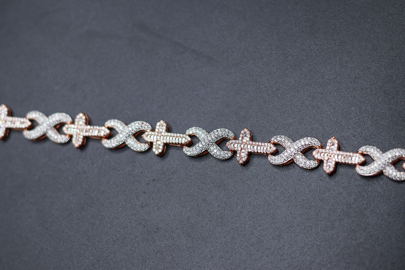925 Silver 2-Tone Rose Gold and Moissanite Infinity and Cross Bracelet