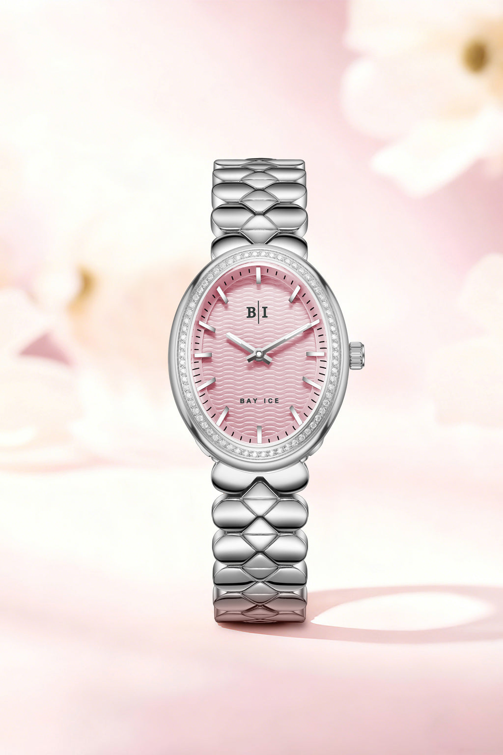 Bay Ice Halo - 26mm 0.3ct VVS Natural Diamond Bezel Silver and Pink Dial