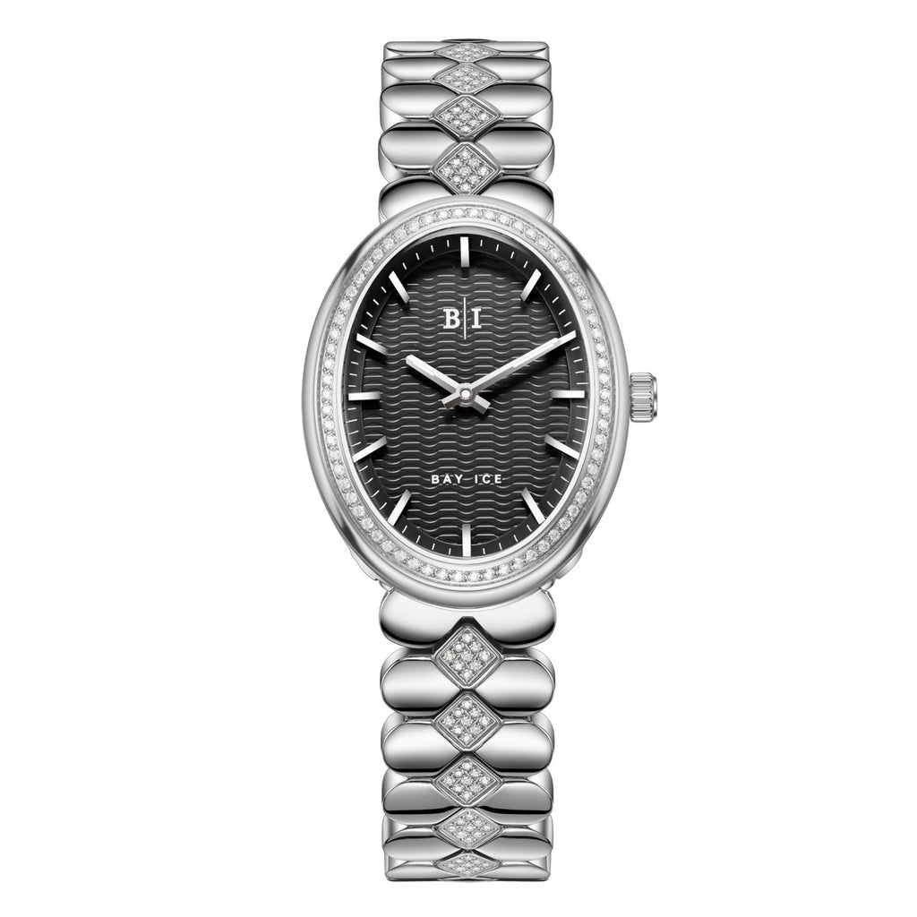 Bay Ice Halo - 26mm Diamond Bezel Mid Link Silver and Black Dial