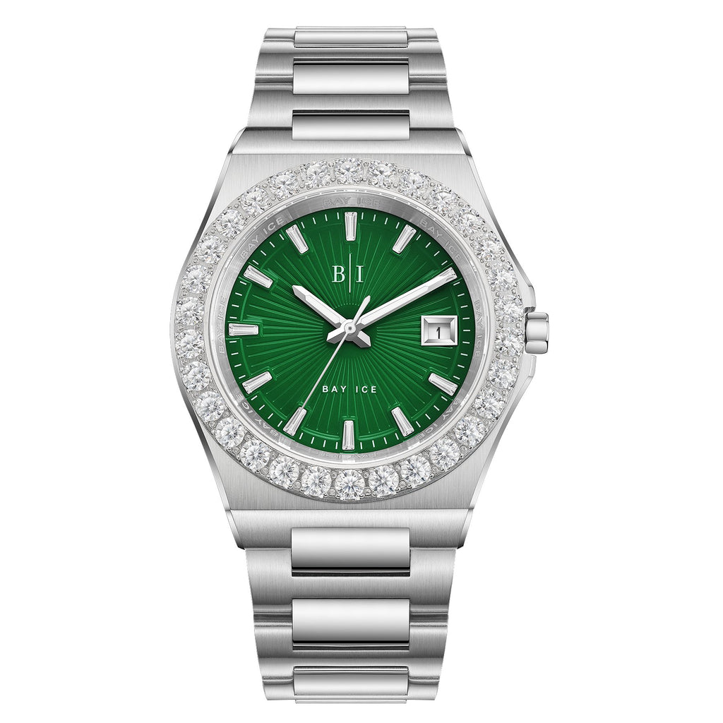 Diamond Bezel - Bay Ice 36mm Fusion Watch in Silver and Green Dial