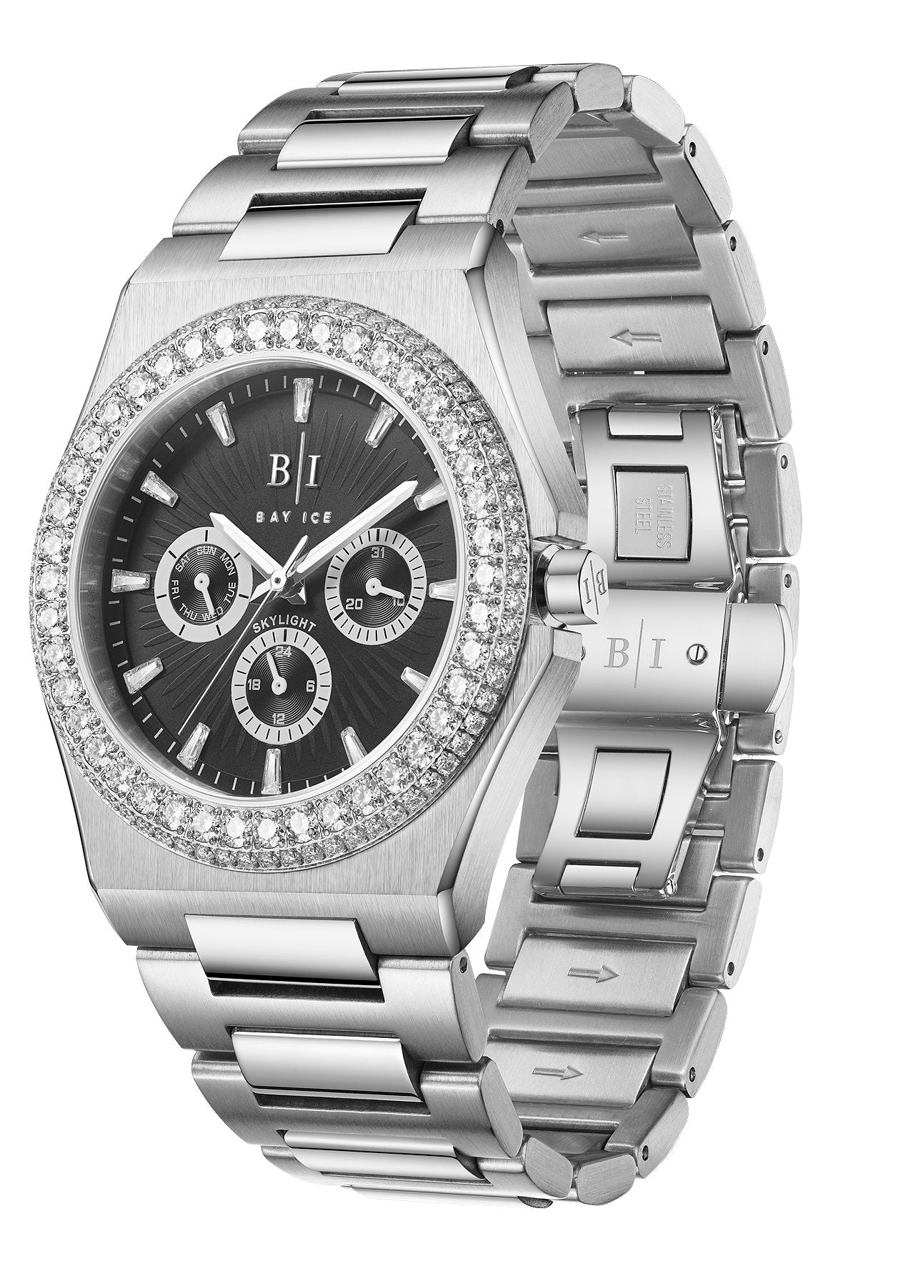 Diamond Bezel - Bay Ice Skylight Watch in Silver and Black Dial