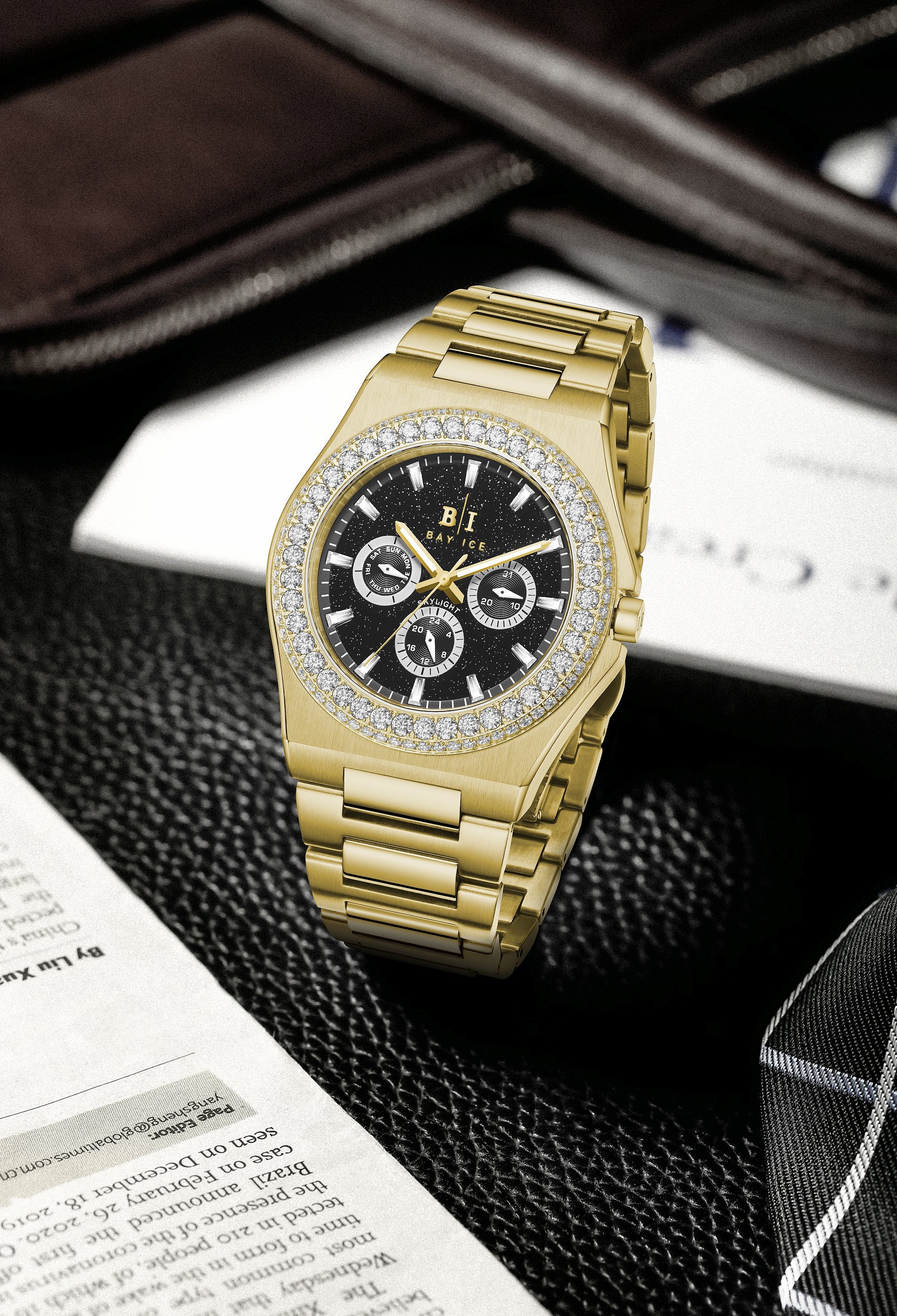 Diamond Bezel - Bay Ice Skylight Stardust Watch in Gold and Black Dial