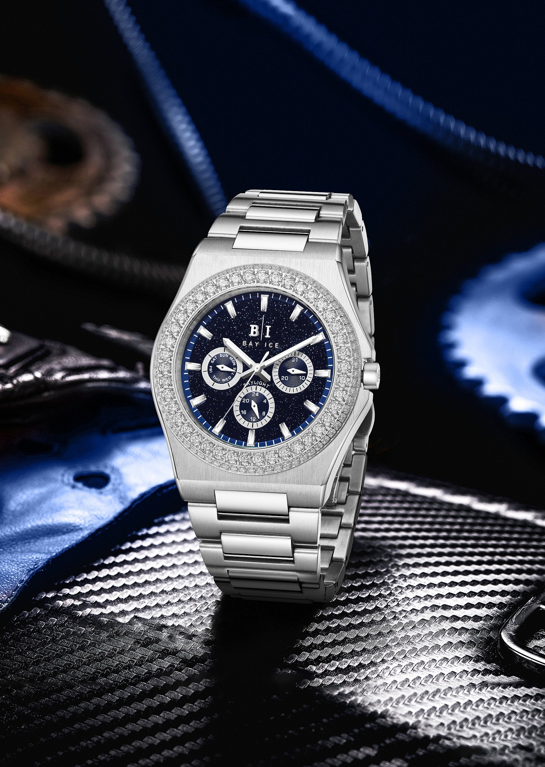 Diamond Bezel - Bay Ice Skylight Stardust Watch in Silver and Black Dial