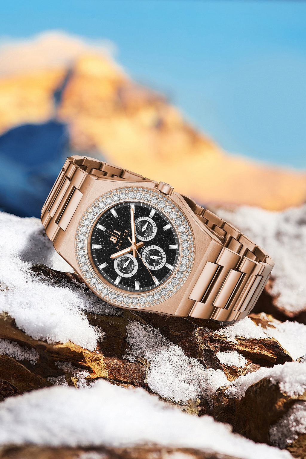 Diamond Bezel - Bay Ice Skylight Stardust Watch in Rose Gold and Black Dial