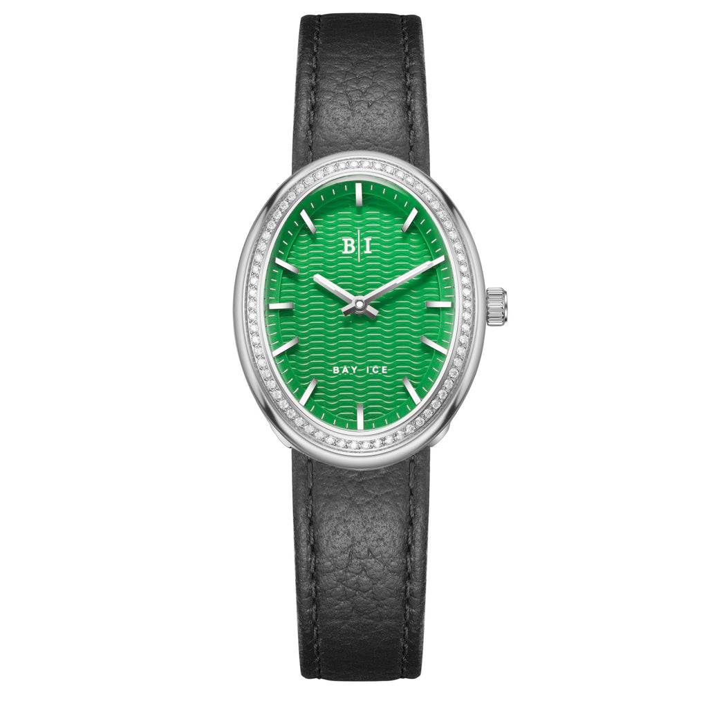 Bay Ice Halo - 26mm 0.3ct VVS Natural Diamonds Bezel Silver and Green Dial