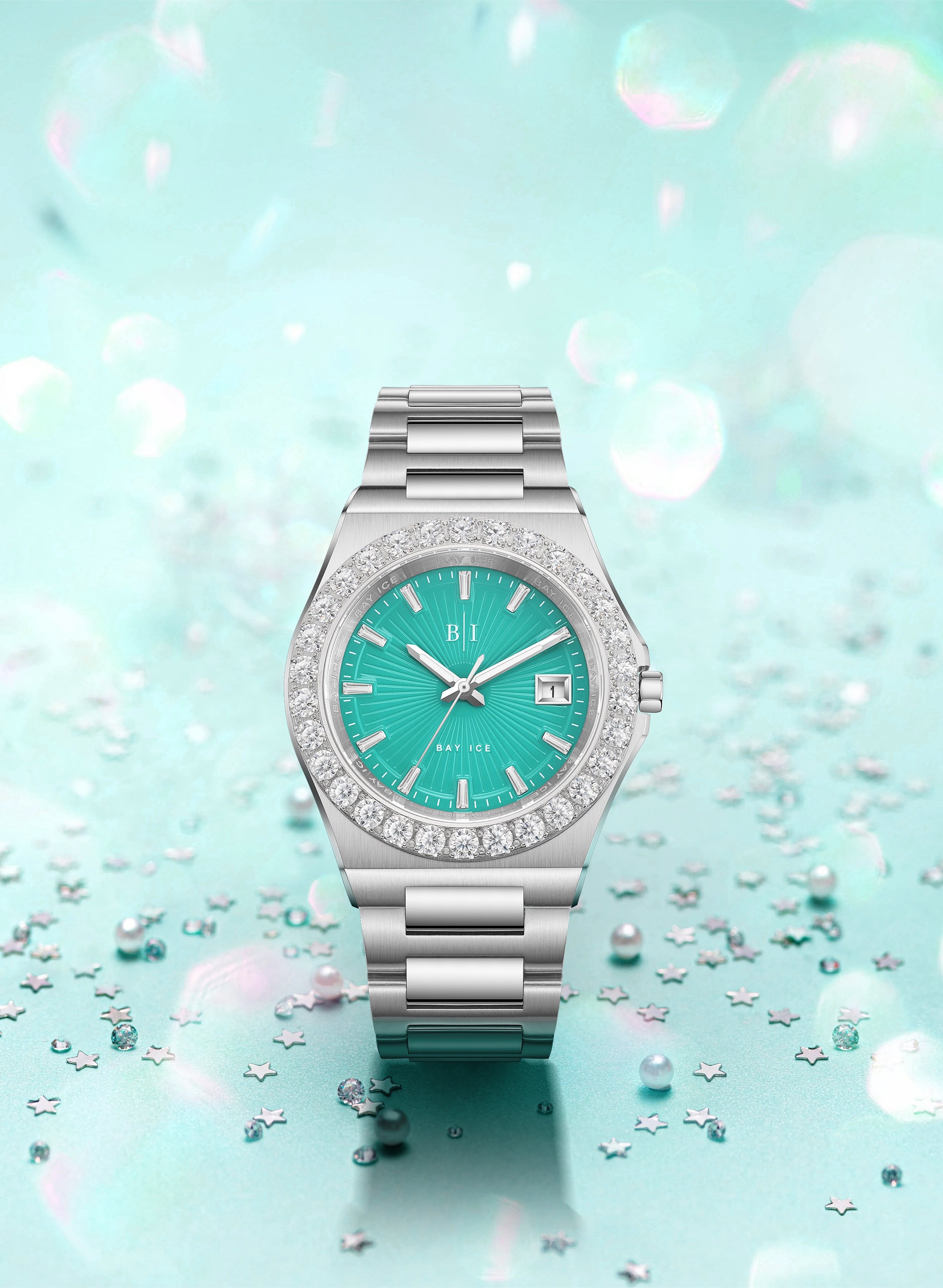 Diamond Bezel - Bay Ice 36mm Fusion Watch in Silver and Turquoise Dial