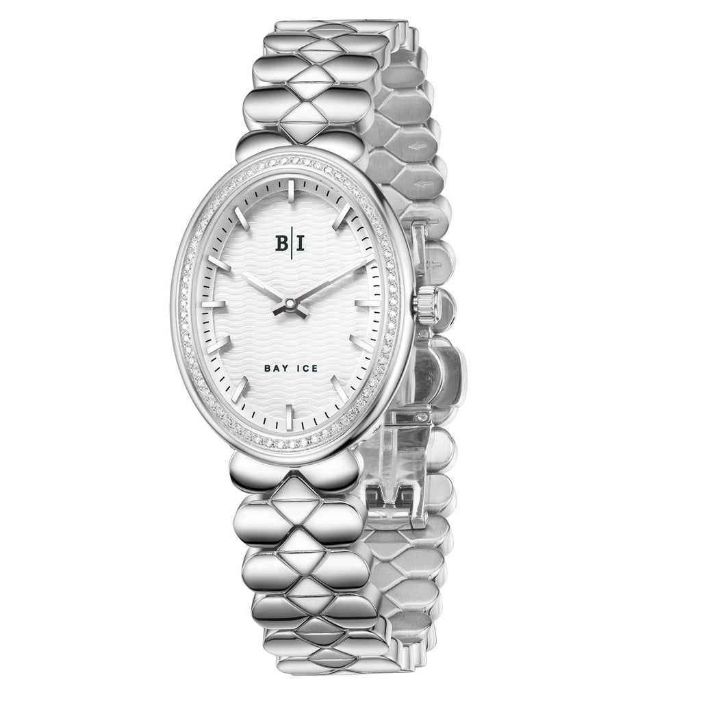 Bay Ice Halo - 26mm 0.3ct VVS Natural Diamonds Bezel Silver and White Dial