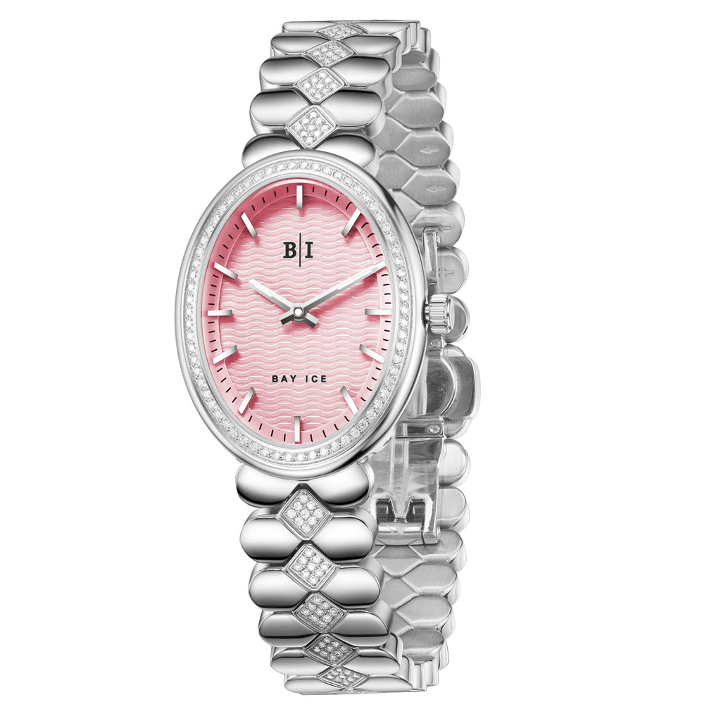 Bay Ice Halo - 26mm Diamond Bezel Mid Link Silver and Pink Dial