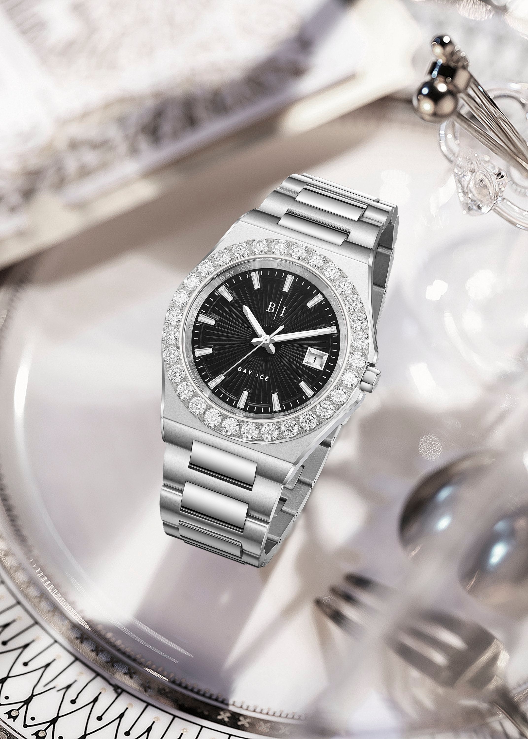Diamond Bezel - Bay Ice 36mm Fusion Watch in Silver and Black Dial