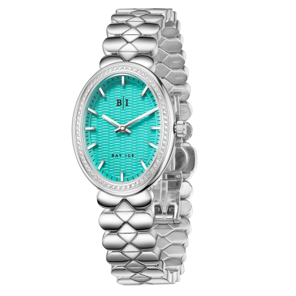 Bay Ice Halo - 26mm 0.3ct VVS Natural Diamond Bezel Silver and Turquoise Blue Dial