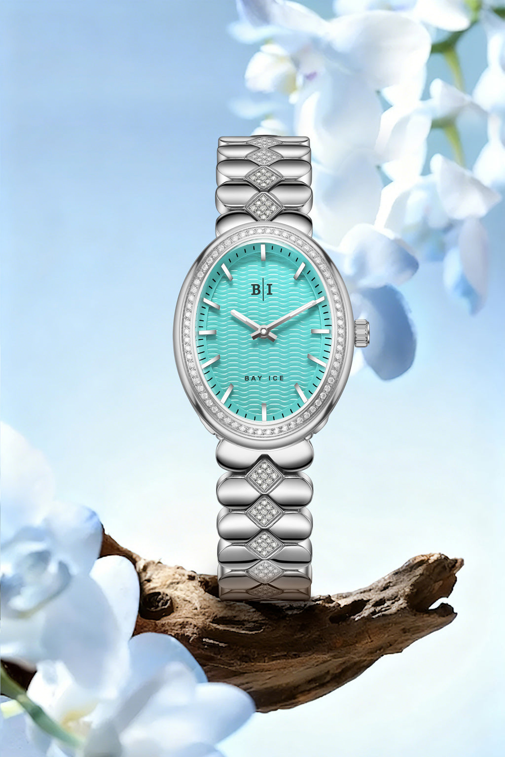 Bay Ice Halo - 26mm Diamond Bezel Mid Link Silver and Turquoise Blue Dial