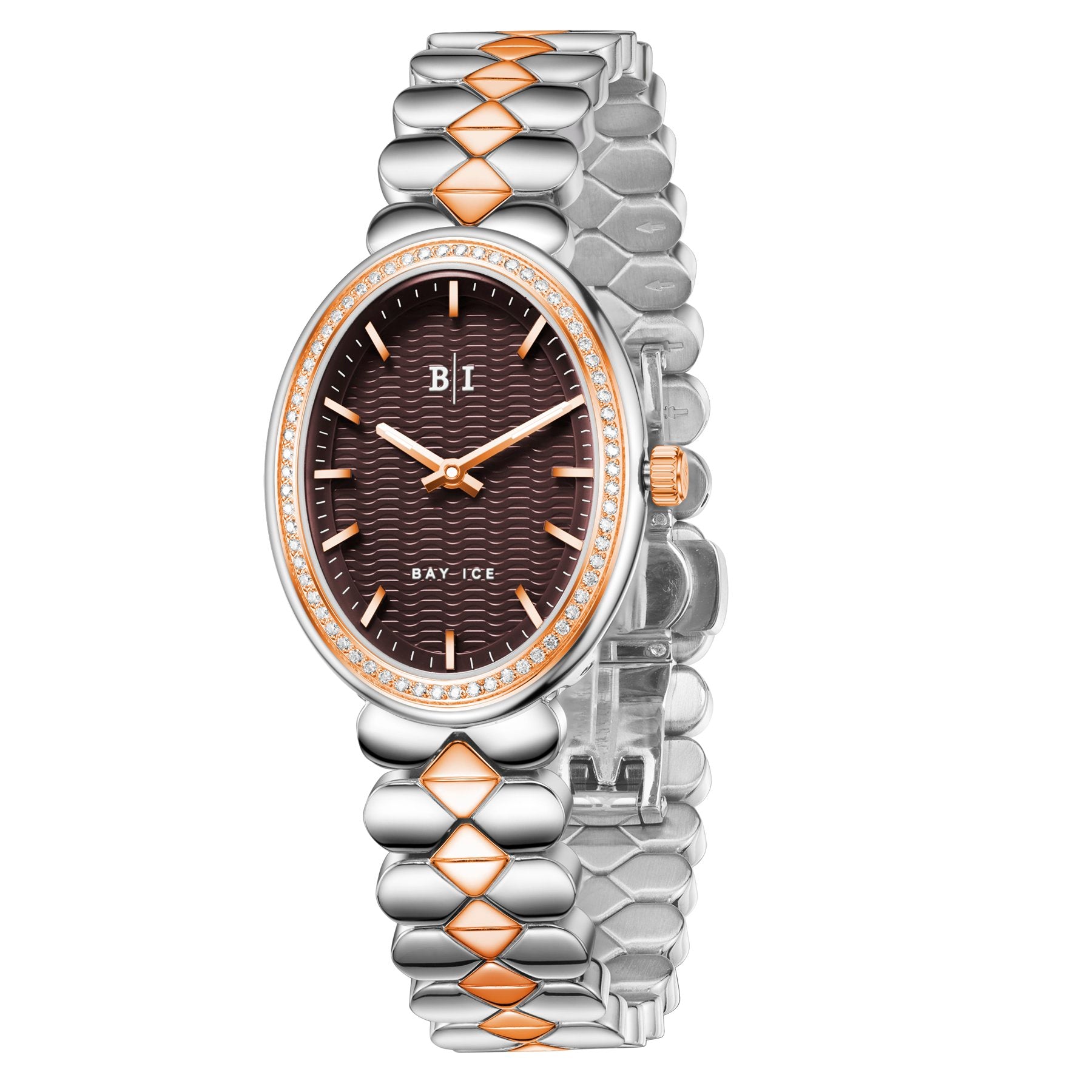 Bay Ice Halo - 26mm 0.3ct VVS Natural Diamonds Bezel 2Tone Rose Gold and Chocolate Dial