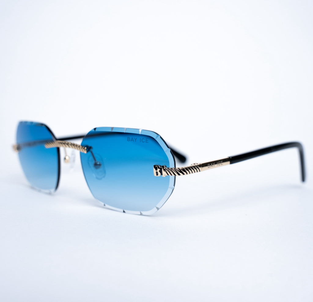 Diamond Cut Rimless Glasses - Gold and Blue Lens