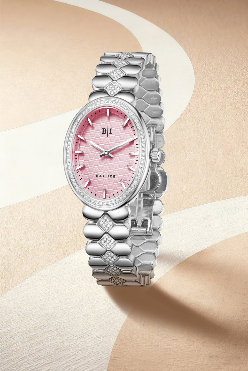 Bay Ice Halo - 26mm Diamond Bezel Mid Link Silver and Pink Dial