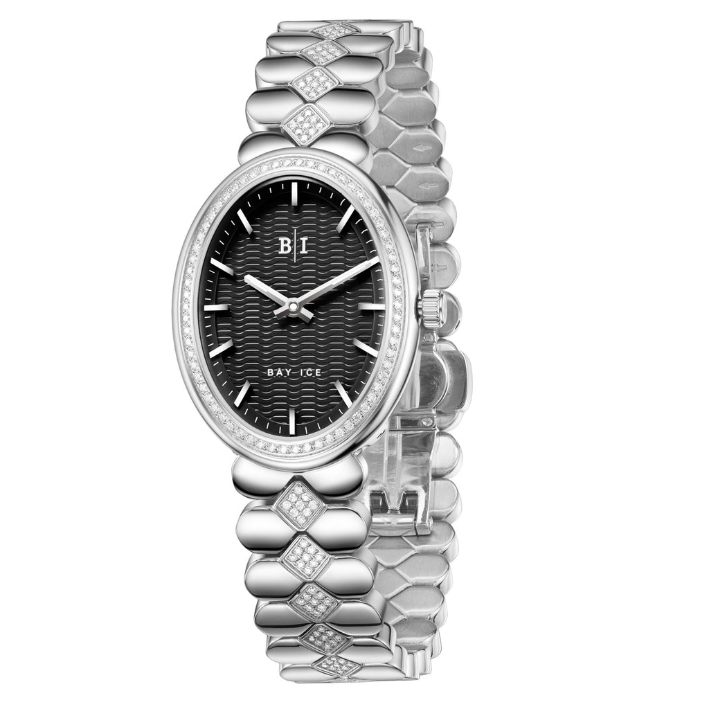 Bay Ice Halo - 26mm Diamond Bezel Mid Link Silver and Black Dial