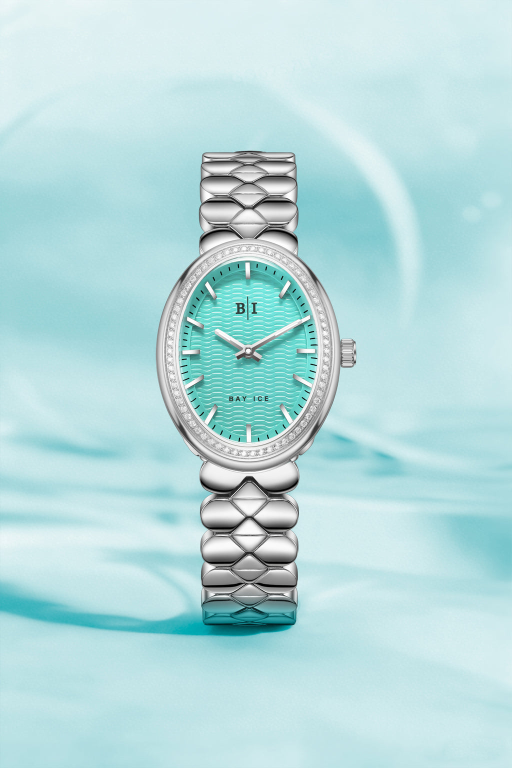Bay Ice Halo - 26mm 0.3ct VVS Natural Diamond Bezel Silver and Turquoise Blue Dial