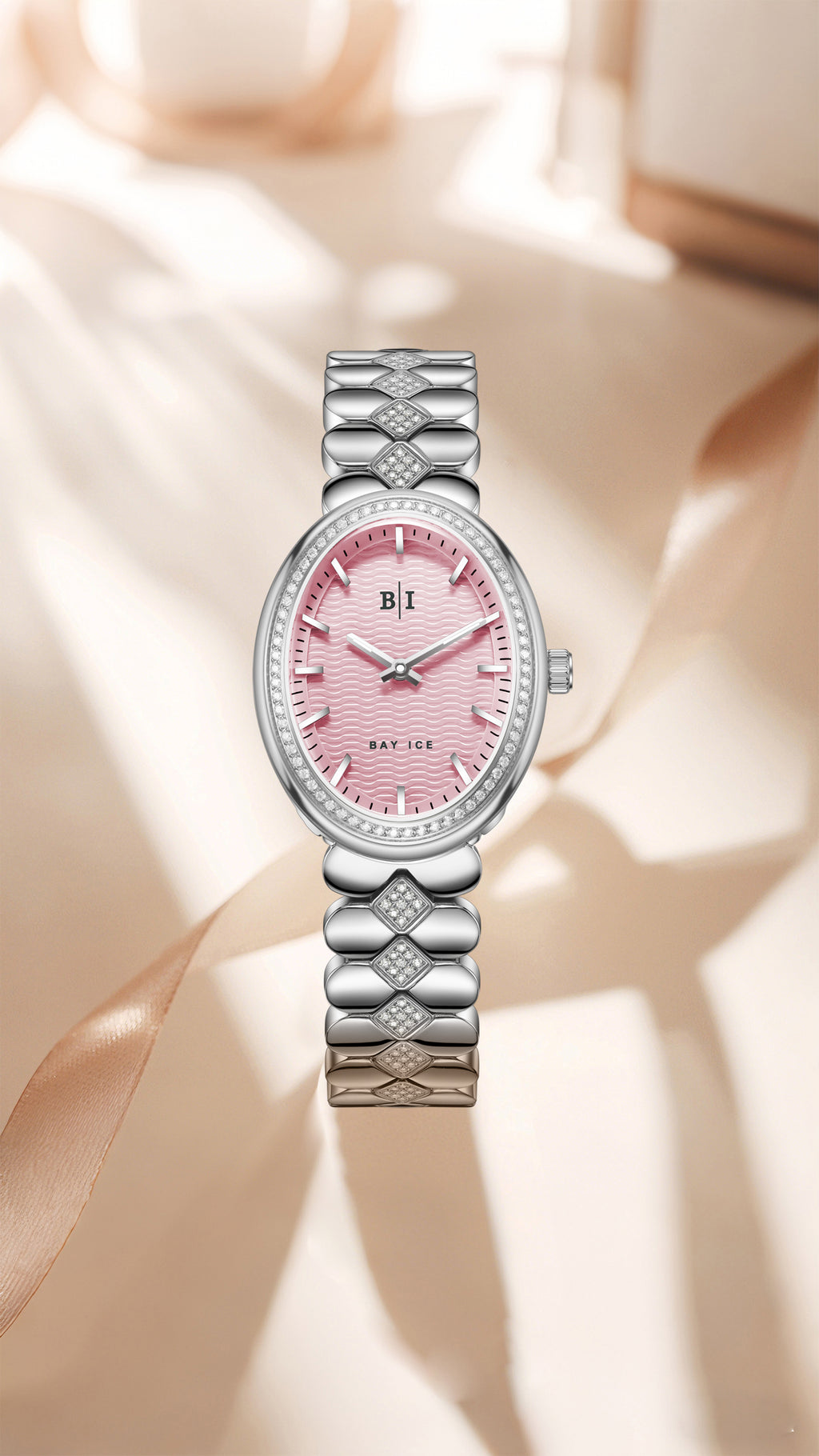 Bay Ice Halo - 26mm Diamond Bezel Mid Link Silver and Pink Dial
