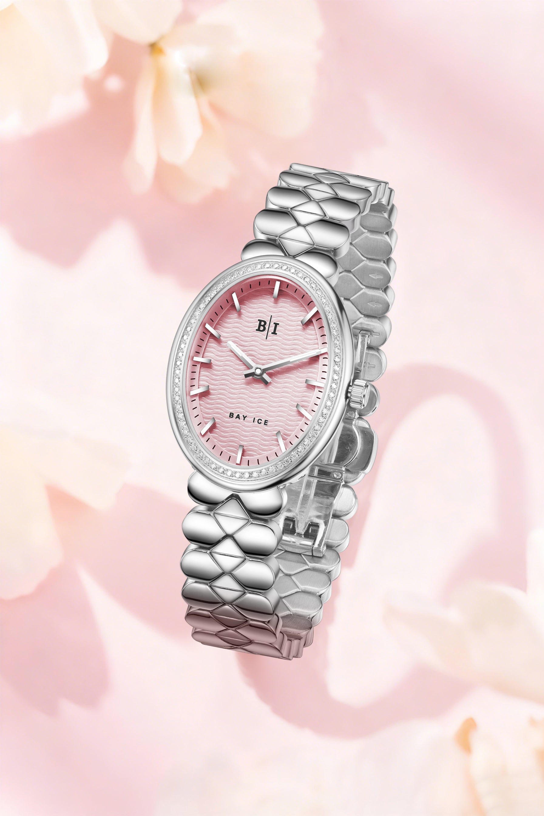 Bay Ice Halo - 26mm 0.3ct VVS Natural Diamond Bezel Silver and Pink Dial