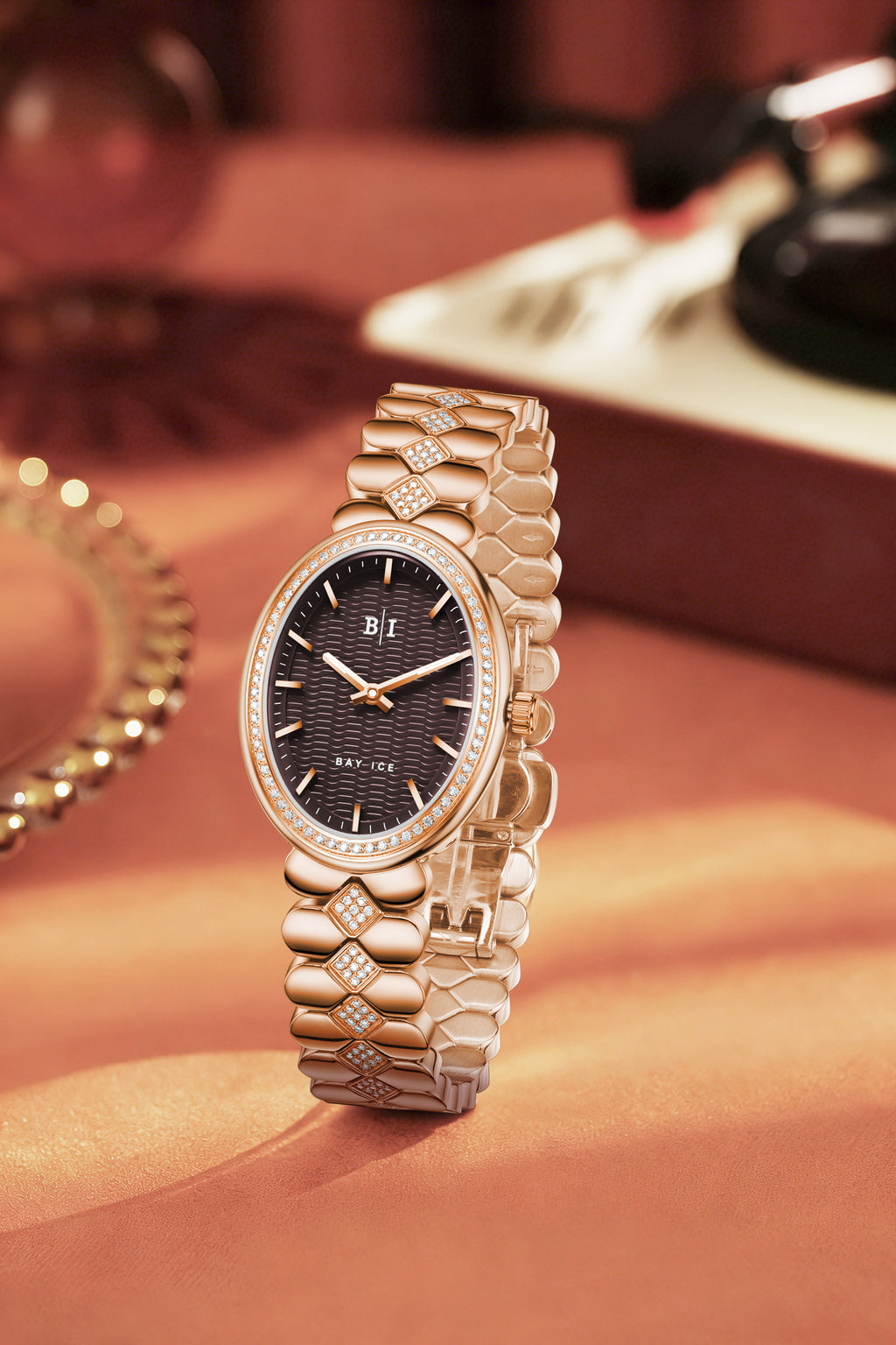 Bay Ice Halo - 26mm Diamond Bezel Mid Link Rose Gold and Chocolate Dial