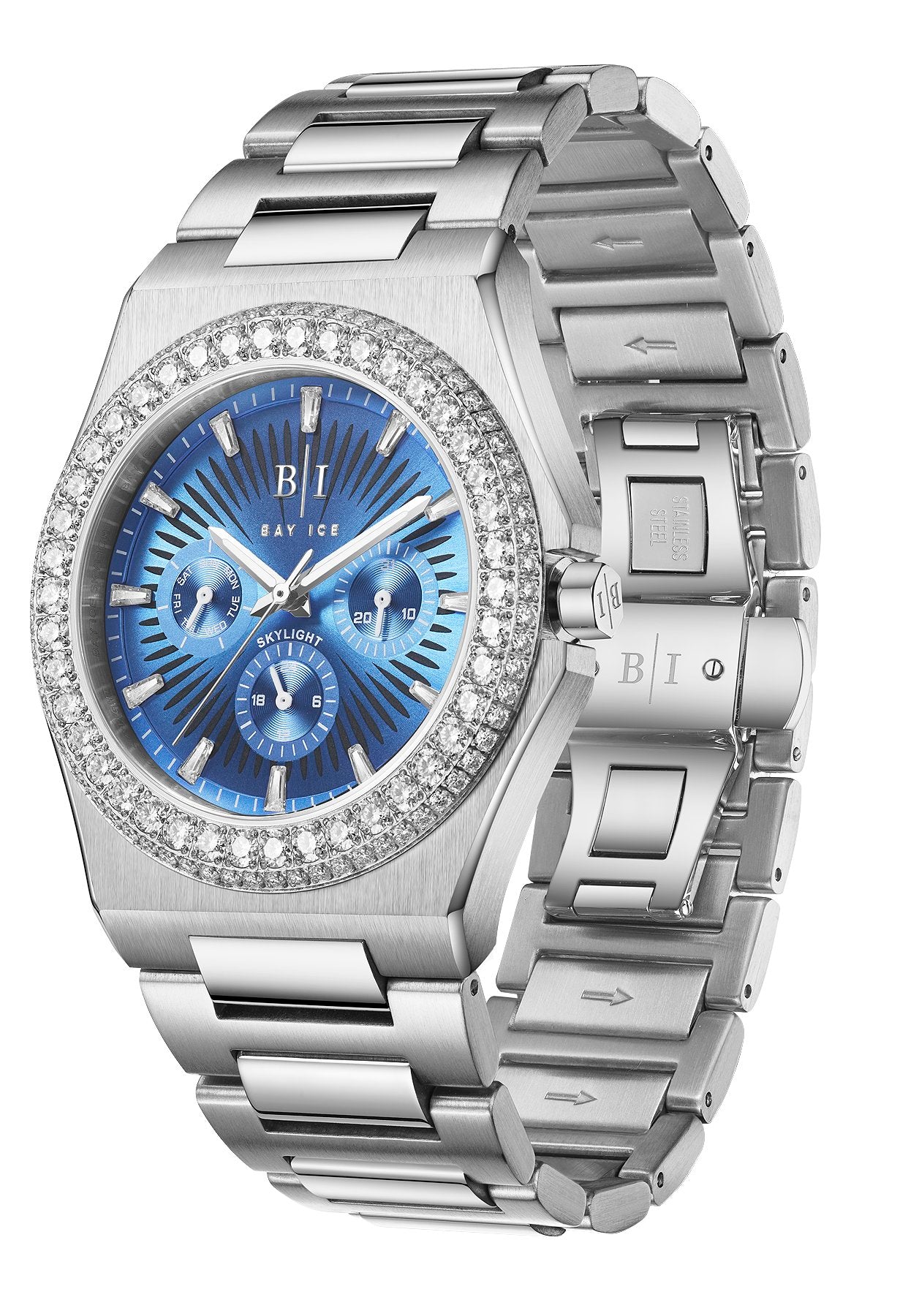 Diamond Bezel - Bay Ice Skylight Watch in Silver and Blue Dial