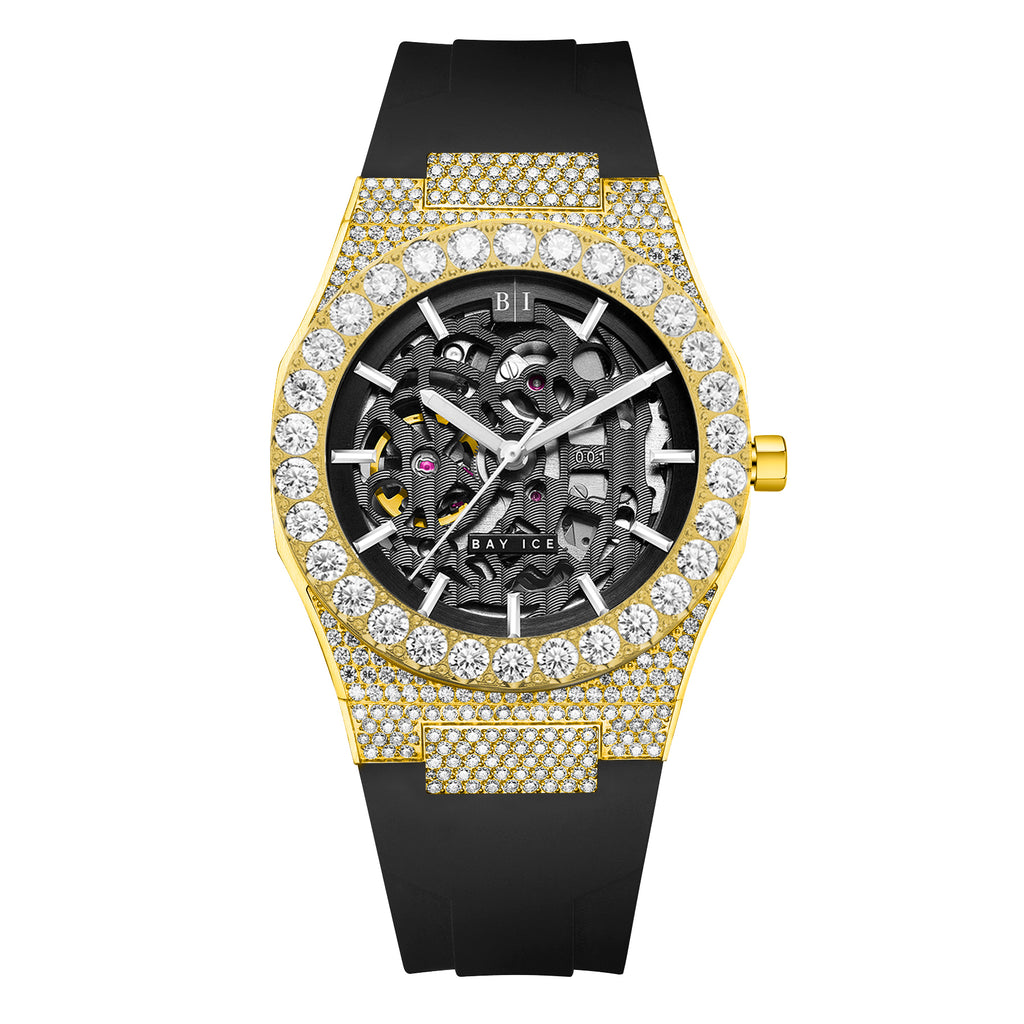 Bay Ice 001 Automatic Skeleton VVS Bussdown Watch - Yellow Gold