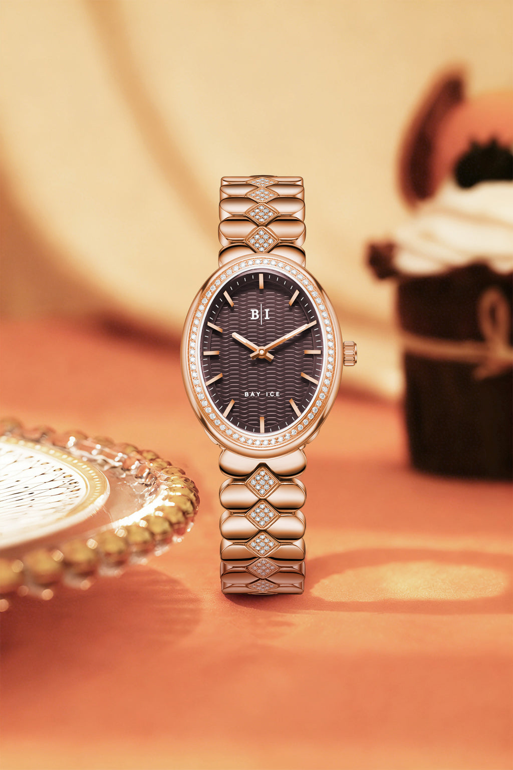 Bay Ice Halo - 26mm Diamond Bezel Mid Link Rose Gold and Chocolate Dial