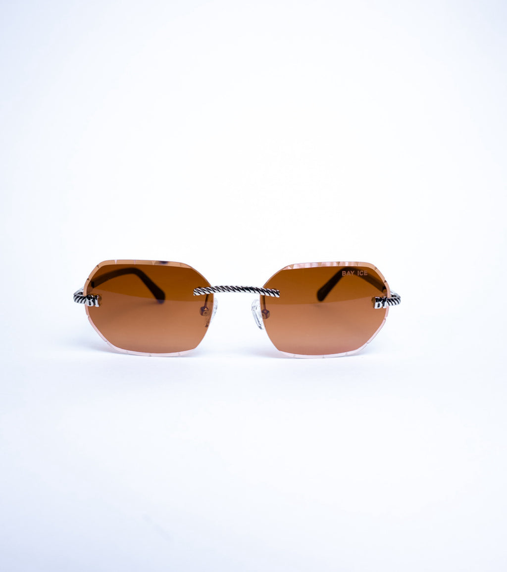 Diamond Cut Rimless Glasses - Silver and Brown Lens