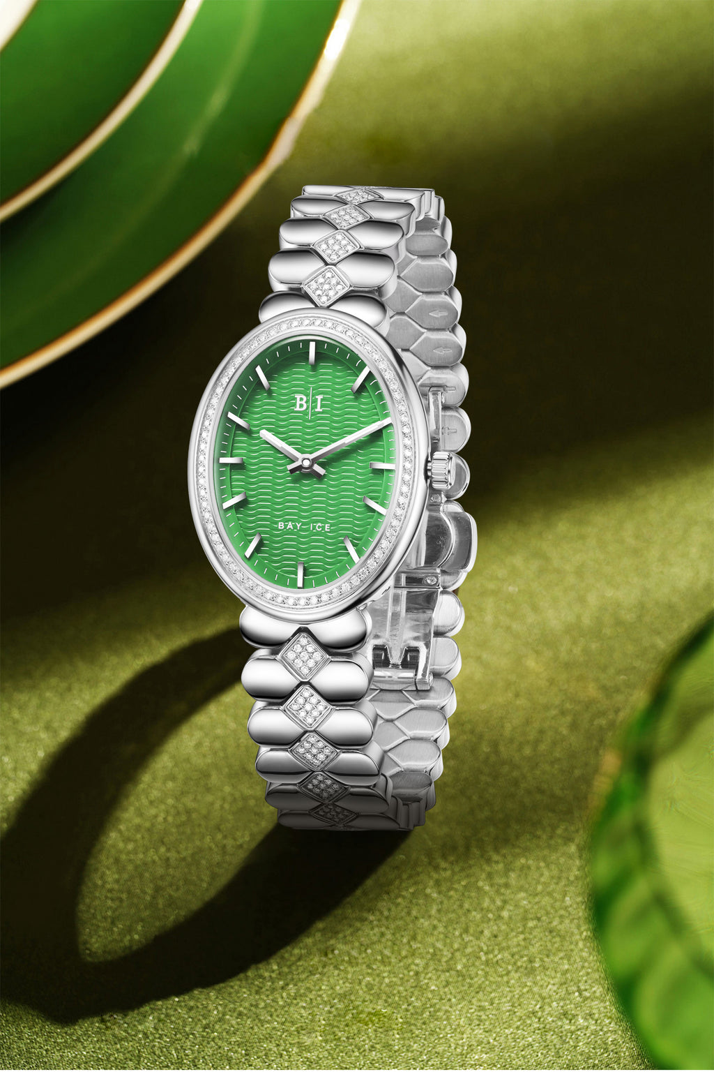 Bay Ice Halo - 26mm Diamond Bezel Mid Link Silver and Green Dial